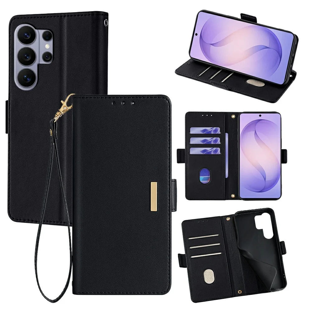 For Samsung Galaxy S26 Ultra Case RFID Blocking Wallet PU Leather Phone Cover with Wrist Strap - Black - 1