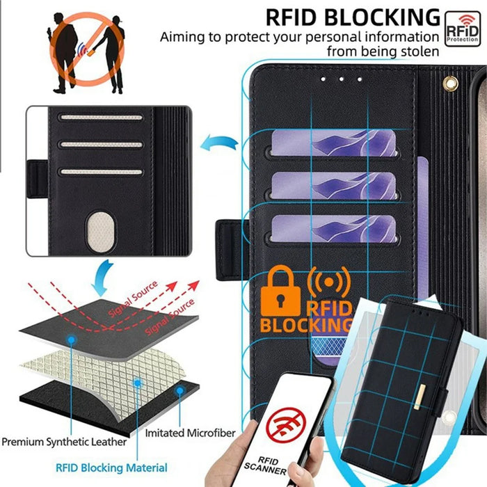 For Samsung Galaxy S26 Ultra Case RFID Blocking Wallet PU Leather Phone Cover with Wrist Strap - Black - 6