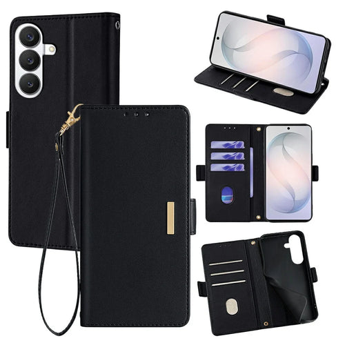 For Samsung Galaxy S26 Case RFID Blocking Wallet PU Leather Phone Cover with Wrist Strap - Black - 1