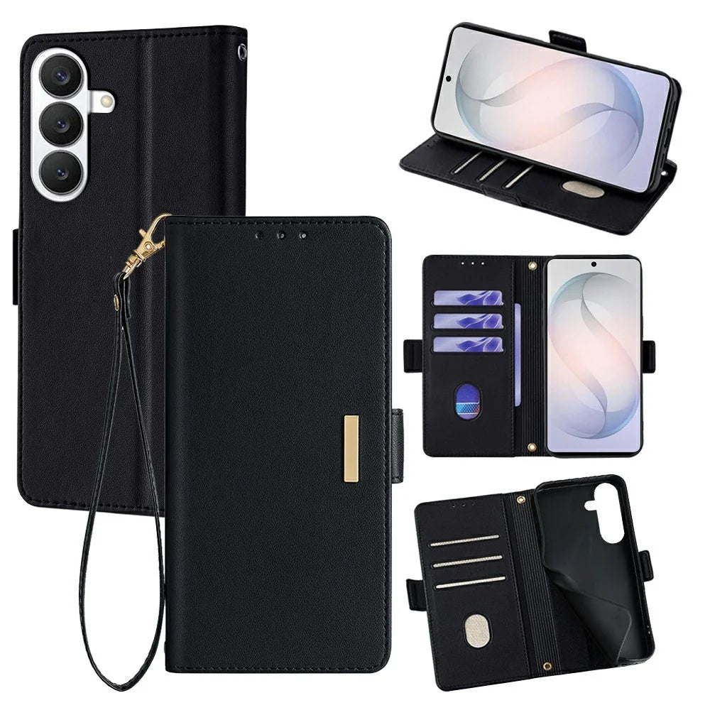 For Samsung Galaxy S26 Case RFID Blocking Wallet PU Leather Phone Cover with Wrist Strap - Black - 1