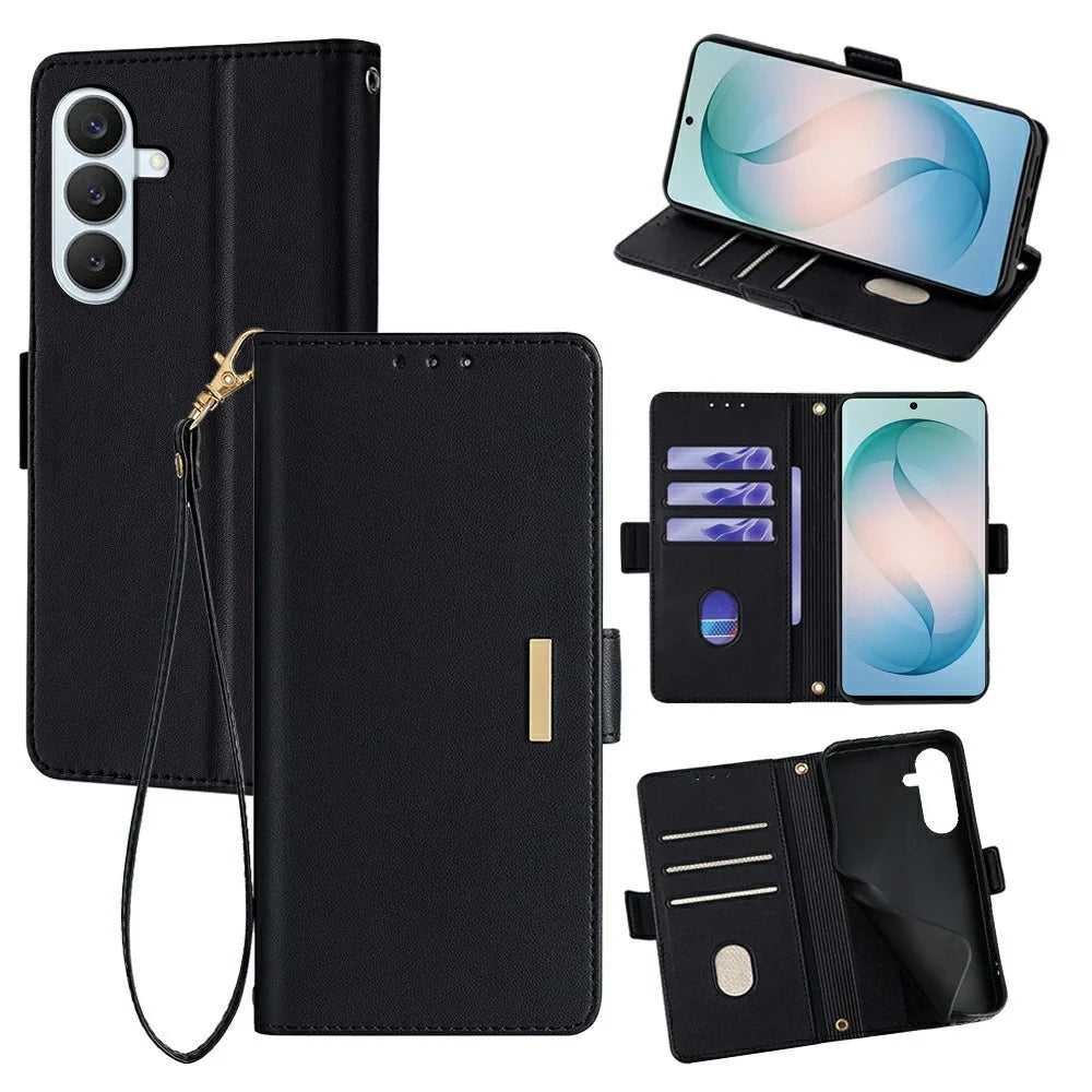 For Samsung Galaxy S26+ Case RFID Blocking Wallet PU Leather Phone Cover with Wrist Strap - Black - 1