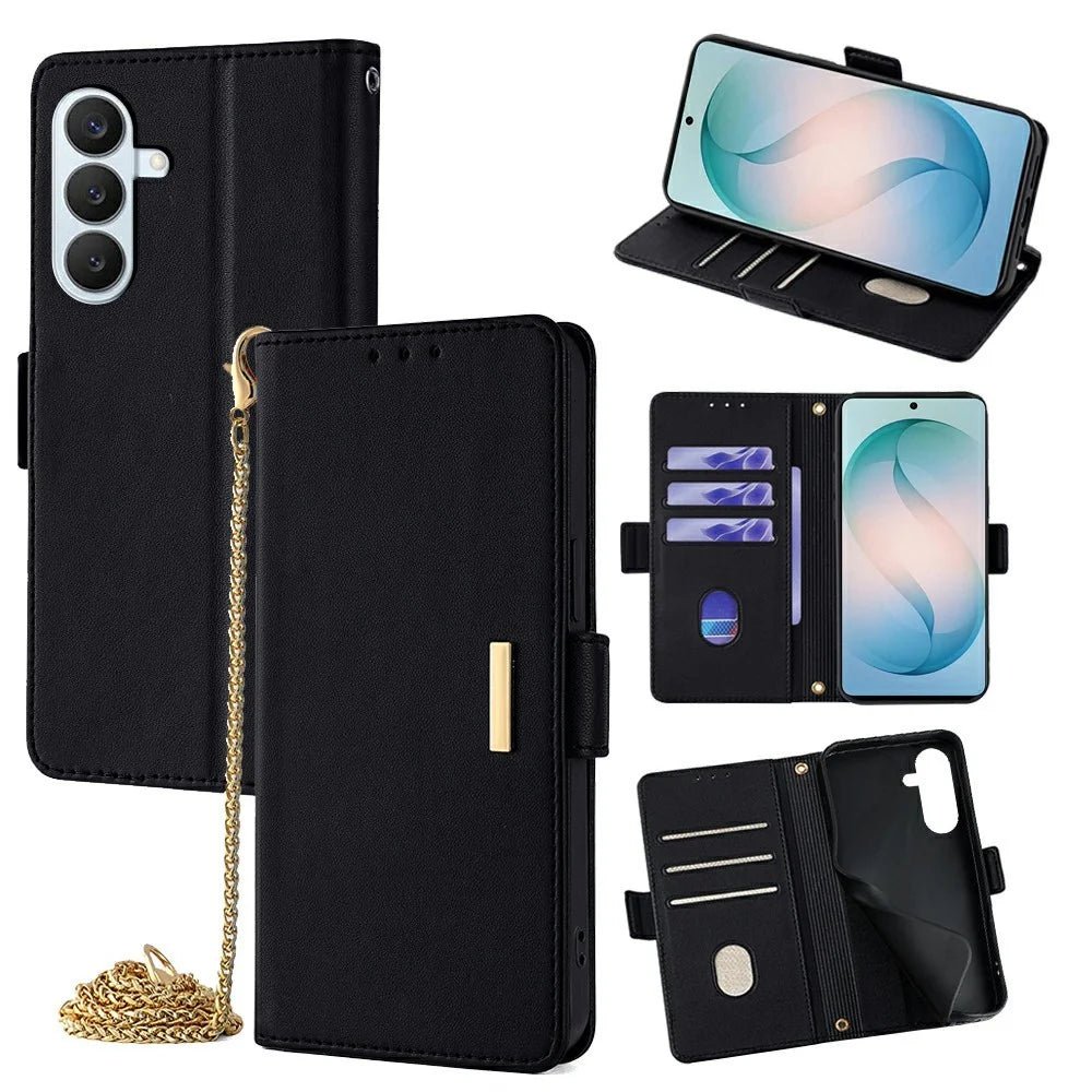 For Samsung Galaxy S26+ Case PU Leather Wallet Stand Phone Cover with Crossbody Shoulder Strap - Black - 1