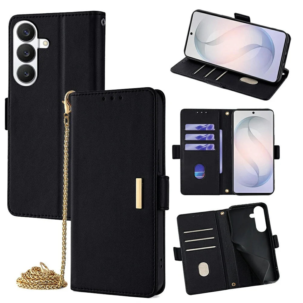 For Samsung Galaxy S26 Case PU Leather Wallet Stand Phone Cover with Crossbody Shoulder Strap - Black - 1