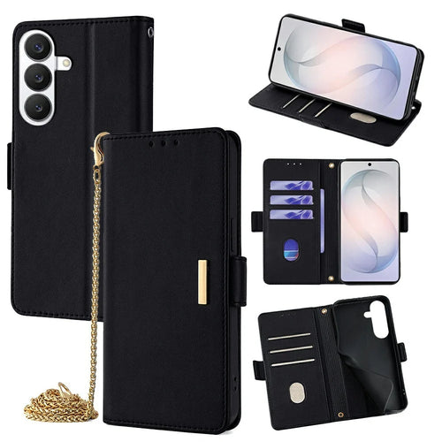 For Samsung Galaxy S26 Case PU Leather Wallet Stand Phone Cover with Crossbody Shoulder Strap - Black - 1