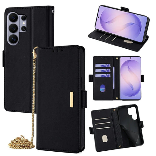 For Samsung Galaxy S26 Ultra Case PU Leather Wallet Stand Phone Cover with Crossbody Shoulder Strap - Black - 1