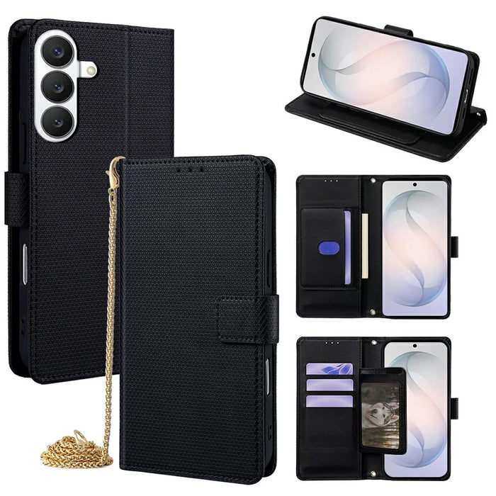 For Samsung Galaxy S26 Wallet Case Triangle Pattern Imprinted Stand Leather Phone Cover with Shoulder Strap - Black - 1