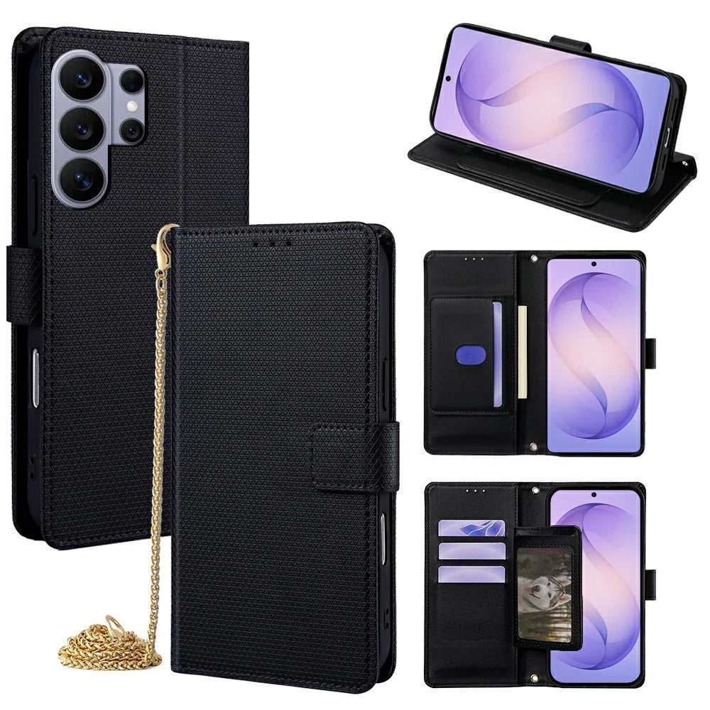 For Samsung Galaxy S26 Ultra Wallet Case Triangle Pattern Imprinted Stand Leather Phone Cover with Shoulder Strap - Black - 1