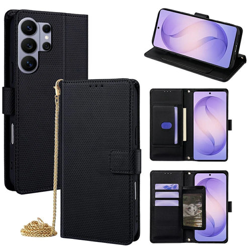 For Samsung Galaxy S26 Ultra Wallet Case Triangle Pattern Imprinted Stand Leather Phone Cover with Shoulder Strap - Black - 1