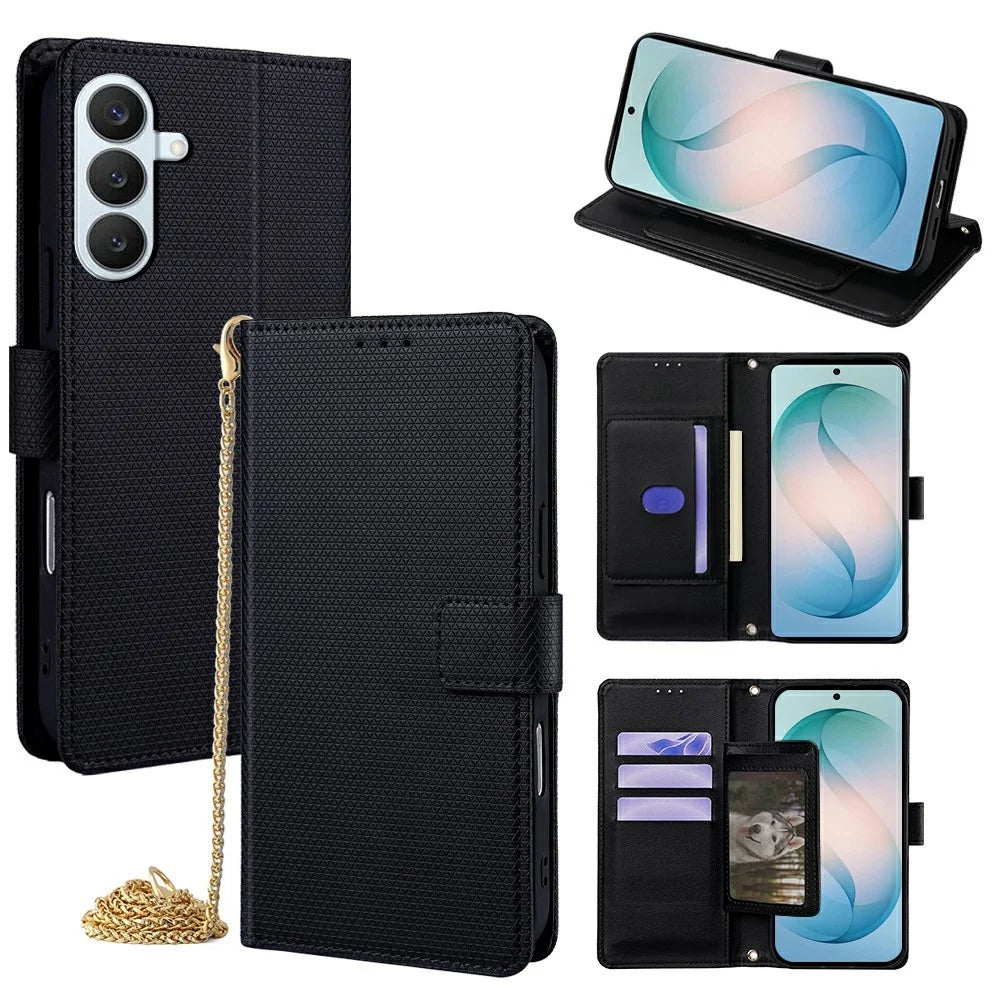 For Samsung Galaxy S26+ Wallet Case Triangle Pattern Imprinted Stand Leather Phone Cover with Shoulder Strap - Black - 1