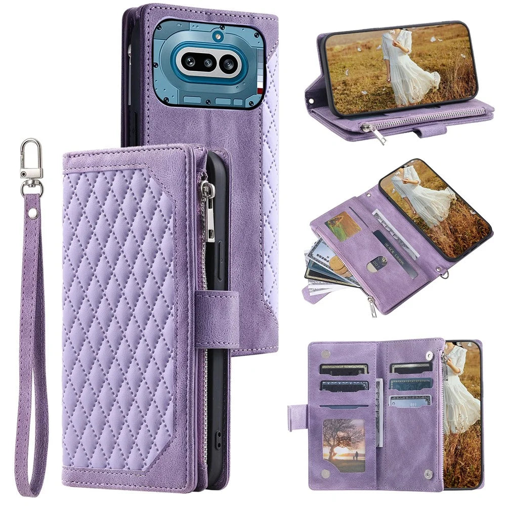 For Nothing Phone (4a) Wallet Case Rhombus Stitching Line PU Leather Phone Cover with Wrist Strap - Purple - 1