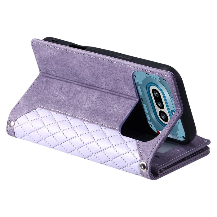 For Nothing Phone (4a) Wallet Case Rhombus Stitching Line PU Leather Phone Cover with Wrist Strap - Purple - 5