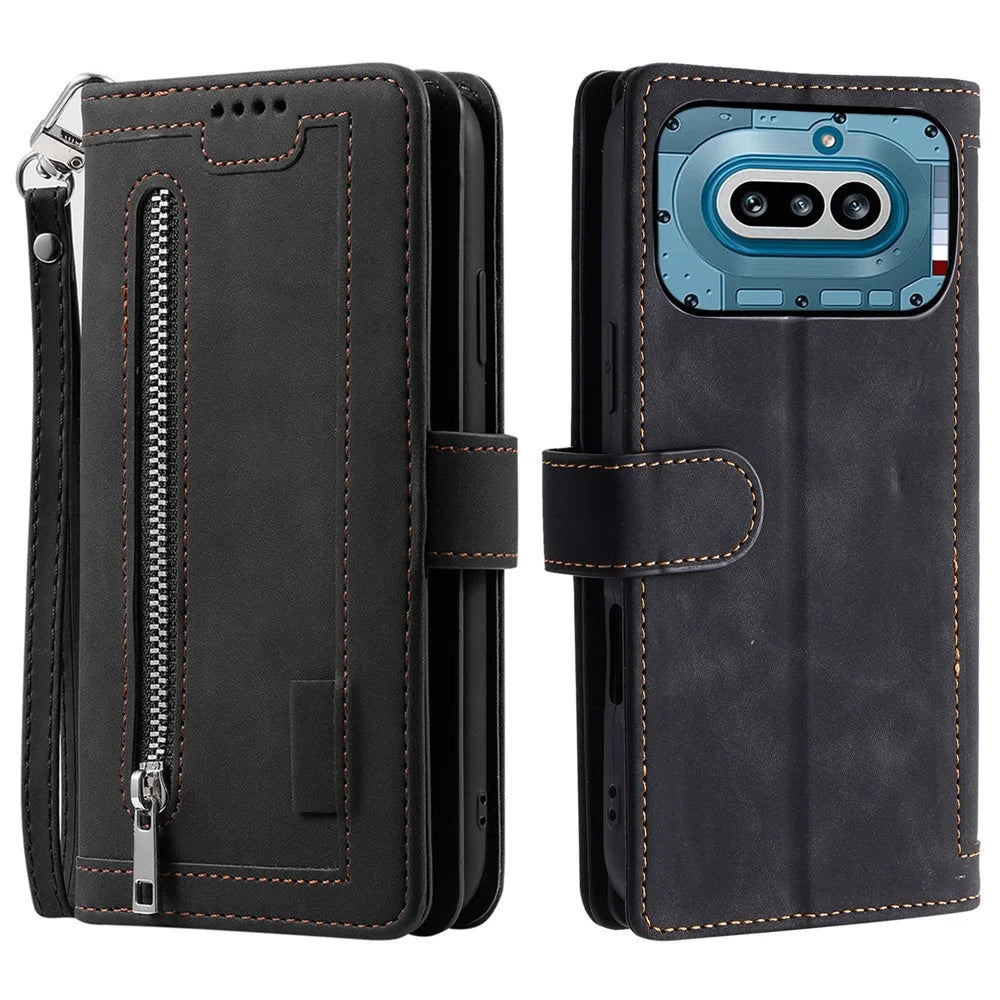 For Nothing Phone (4a) Phone Case 9 Card Slots Zipper Wallet PU Leather Phone Cover with Wrist Strap - Black - 1