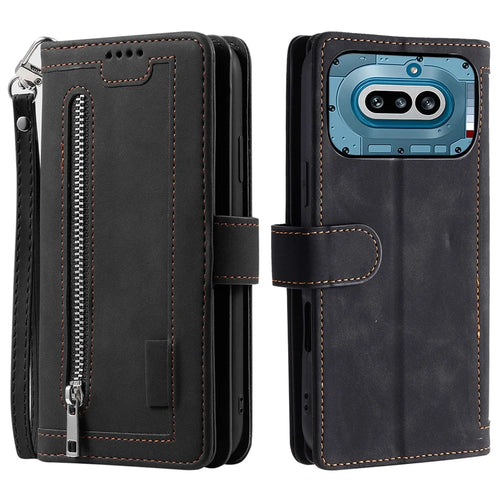 For Nothing Phone (4a) Phone Case 9 Card Slots Zipper Wallet PU Leather Phone Cover with Wrist Strap - Black - 1