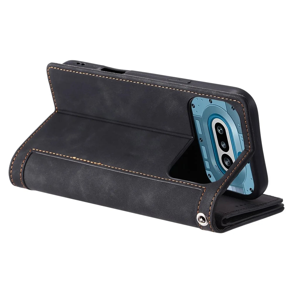For Nothing Phone (4a) Phone Case 9 Card Slots Zipper Wallet PU Leather Phone Cover with Wrist Strap - Black - 5