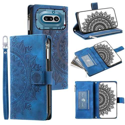 For Nothing Phone (4a) Wallet Case Mandala Flower Pattern PU Leather Phone Cover with Wrist Strap - Blue - 1