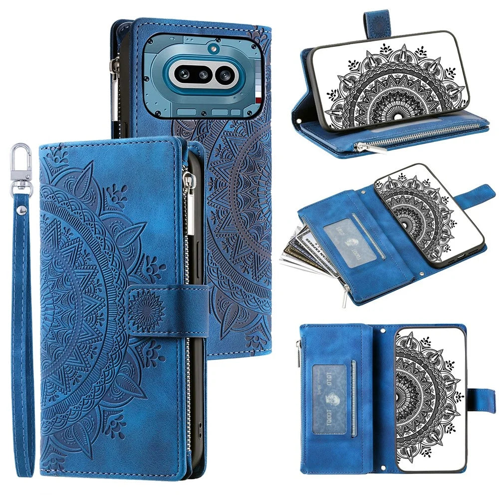 For Nothing Phone (4a) Wallet Case Mandala Flower Pattern PU Leather Phone Cover with Wrist Strap - Blue - 1