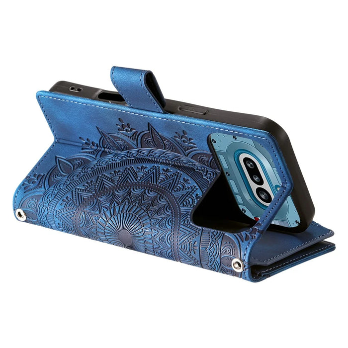 For Nothing Phone (4a) Wallet Case Mandala Flower Pattern PU Leather Phone Cover with Wrist Strap - Blue - 4