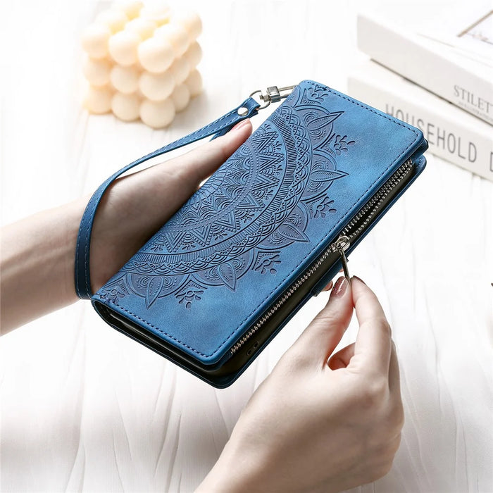 For Nothing Phone (4a) Wallet Case Mandala Flower Pattern PU Leather Phone Cover with Wrist Strap - Blue - 7