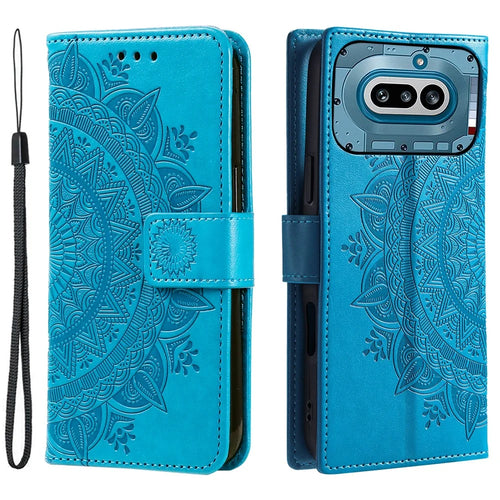 For Nothing Phone (4a) Stand Case Imprinted Totem PU Leather Wallet Phone Cover with Wrist Strap - Blue - 1