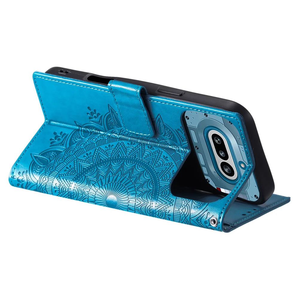 For Nothing Phone (4a) Stand Case Imprinted Totem PU Leather Wallet Phone Cover with Wrist Strap - Blue - 4