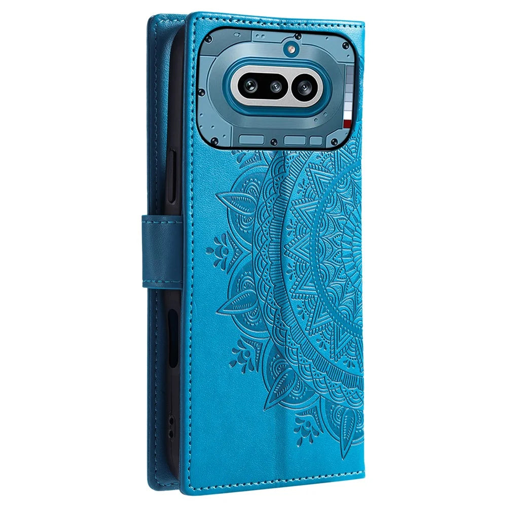 For Nothing Phone (4a) Stand Case Imprinted Totem PU Leather Wallet Phone Cover with Wrist Strap - Blue - 6