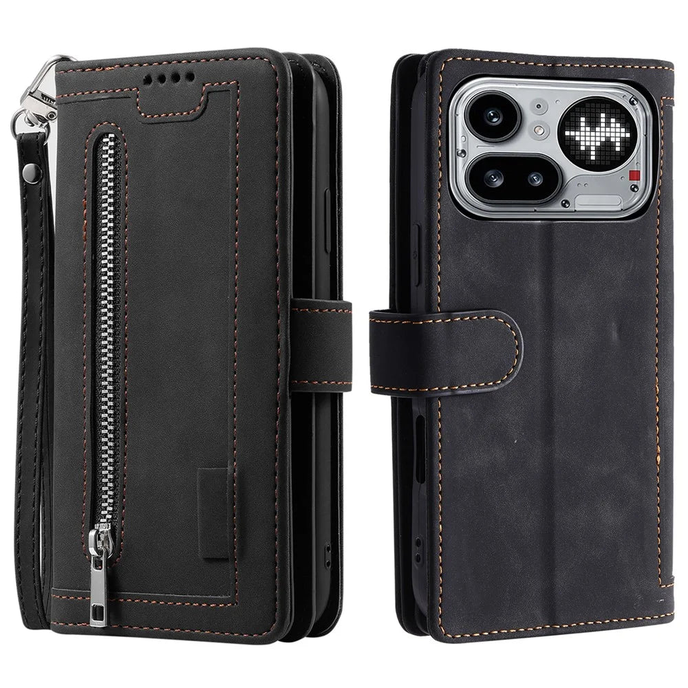 For Nothing Phone (4a) Pro Phone Case 9 Card Slots Zipper Wallet PU Leather Phone Cover with Wrist Strap - Black - 1