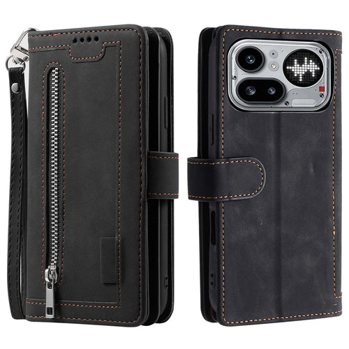 For Nothing Phone (4a) Pro Phone Case 9 Card Slots Zipper Wallet PU Leather Phone Cover with Wrist Strap - Black - 1