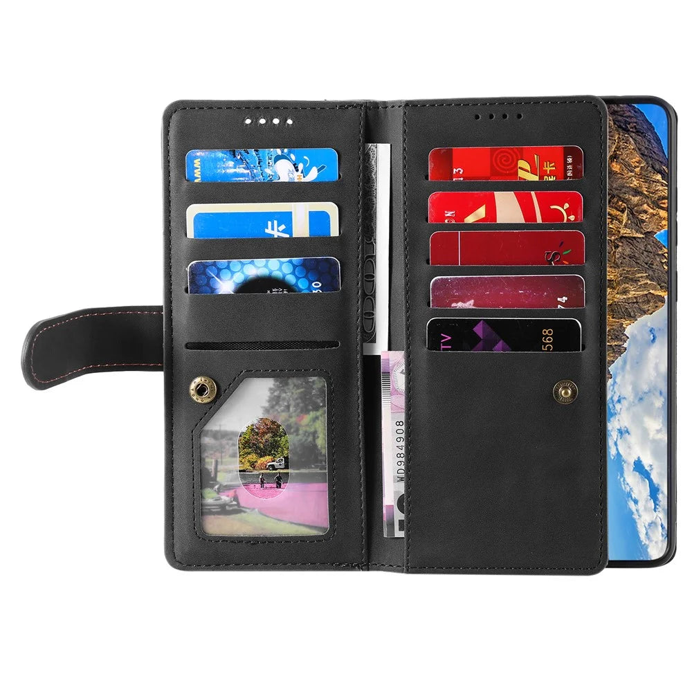 For Nothing Phone (4a) Pro Phone Case 9 Card Slots Zipper Wallet PU Leather Phone Cover with Wrist Strap - Black - 2