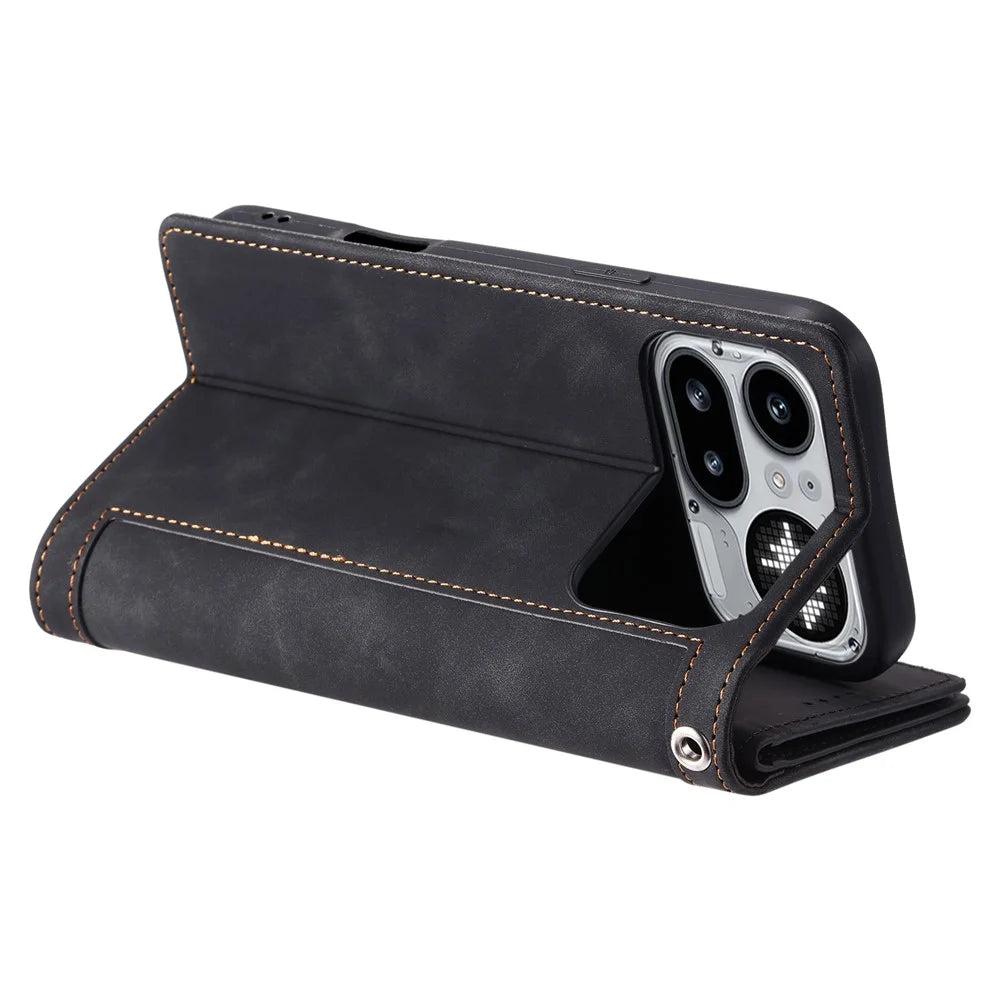 For Nothing Phone (4a) Pro Phone Case 9 Card Slots Zipper Wallet PU Leather Phone Cover with Wrist Strap - Black - 5