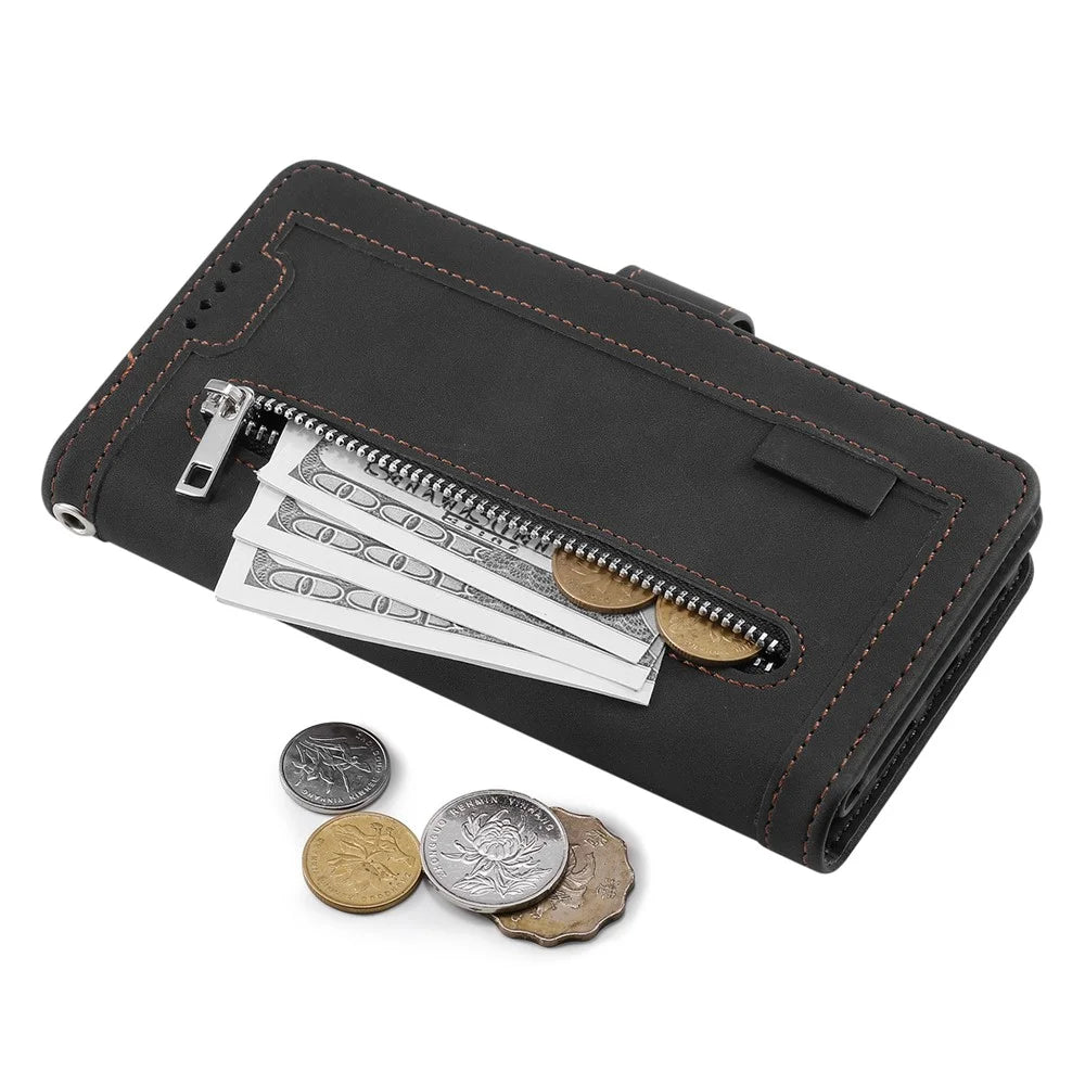 For Nothing Phone (4a) Pro Phone Case 9 Card Slots Zipper Wallet PU Leather Phone Cover with Wrist Strap - Black - 6