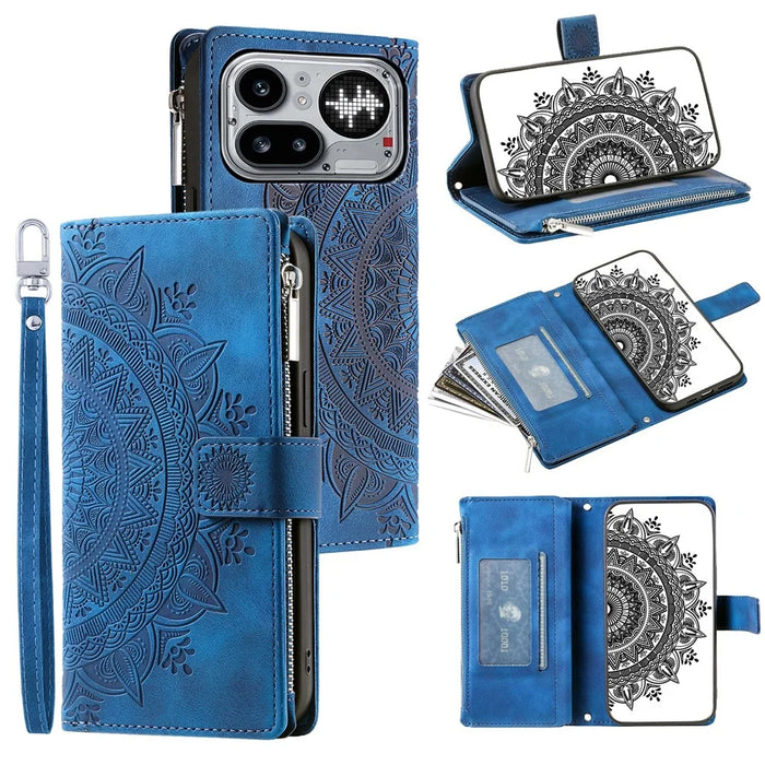 For Nothing Phone (4a) Pro Wallet Case Mandala Flower Pattern PU Leather Phone Cover with Wrist Strap - Blue - 1