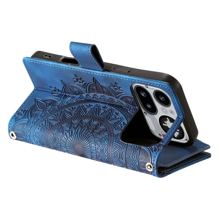 For Nothing Phone (4a) Pro Wallet Case Mandala Flower Pattern PU Leather Phone Cover with Wrist Strap - Blue - 4