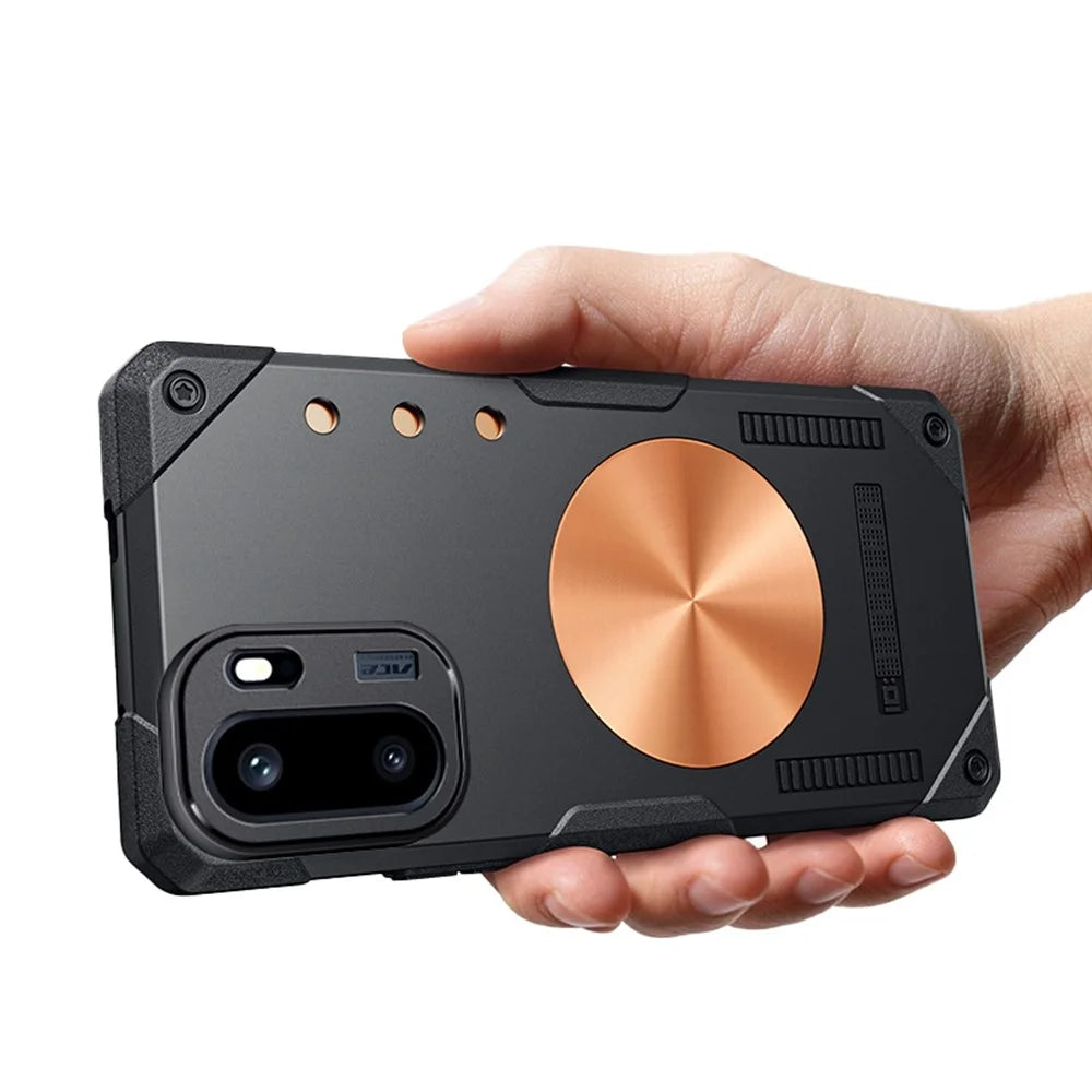 For OnePlus Ace 6 5G Case Copper Heat Dissipation TPU + Metal Cooling Phone Cover Support Magnetic Car Mount - Black - 2