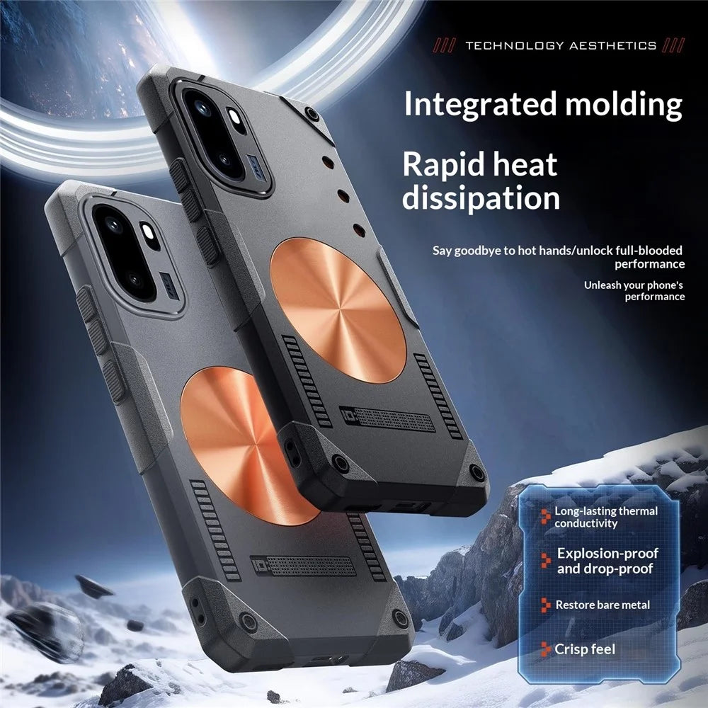 For OnePlus Ace 6 5G Case Copper Heat Dissipation TPU + Metal Cooling Phone Cover Support Magnetic Car Mount - Black - 3