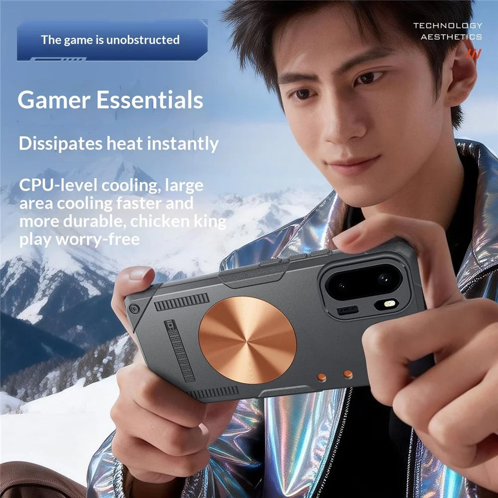 For OnePlus Ace 6 5G Case Copper Heat Dissipation TPU + Metal Cooling Phone Cover Support Magnetic Car Mount - Black - 6