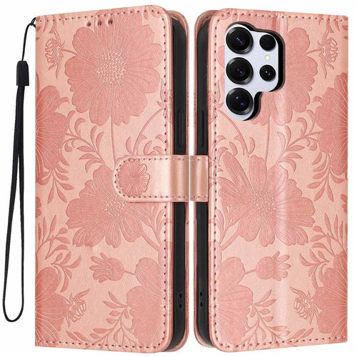 For Samsung Galaxy S24 Ultra Wallet Case Imprint Floral PU Leather Stand Flip Phone Cover with Wrist Strap - Rose Gold - 1