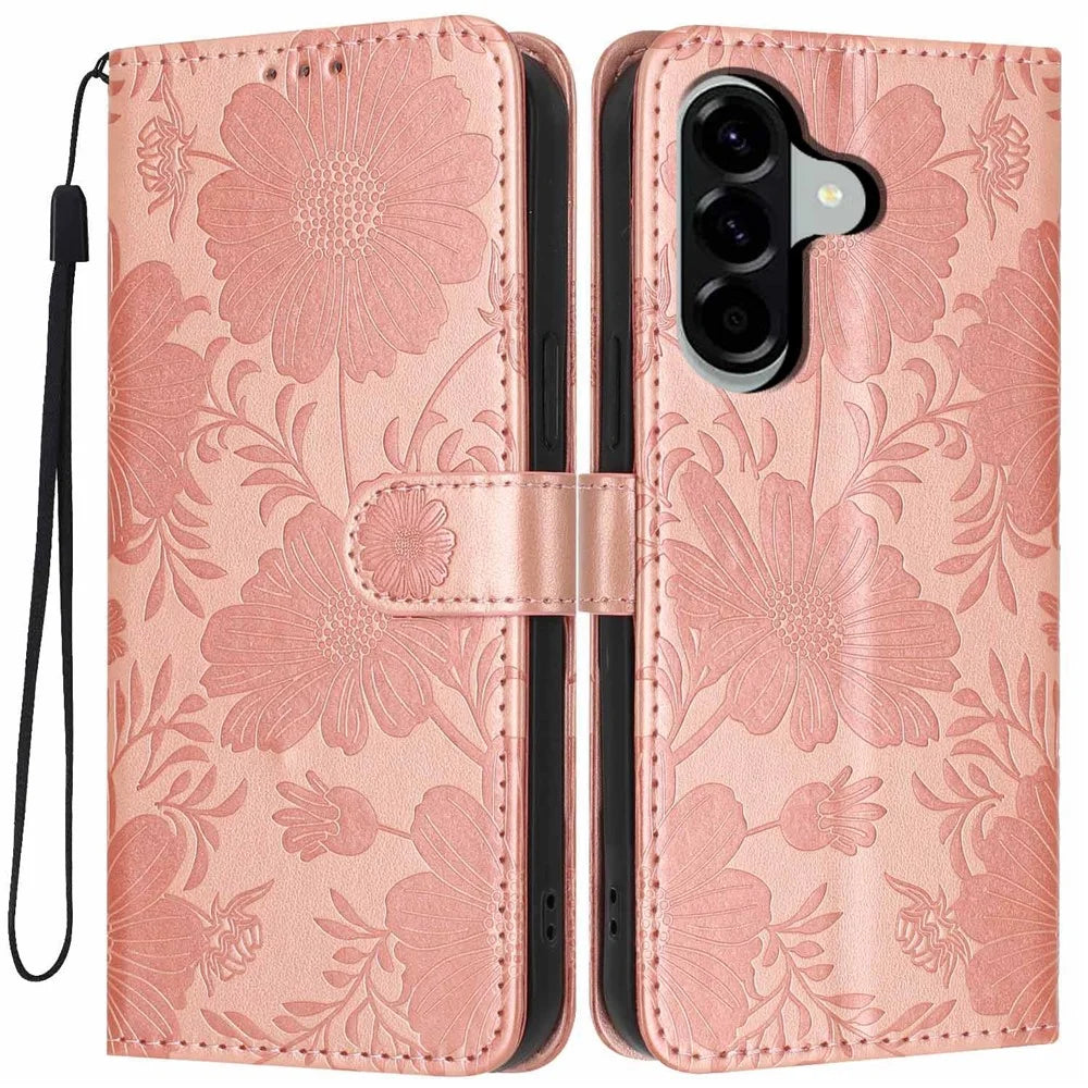 For Samsung Galaxy A37 5G Wallet Case Imprint Floral PU Leather Stand Flip Phone Cover with Wrist Strap - Rose Gold - 1