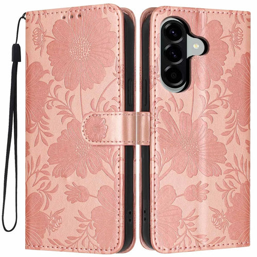 For Samsung Galaxy A37 5G Wallet Case Imprint Floral PU Leather Stand Flip Phone Cover with Wrist Strap - Rose Gold - 1