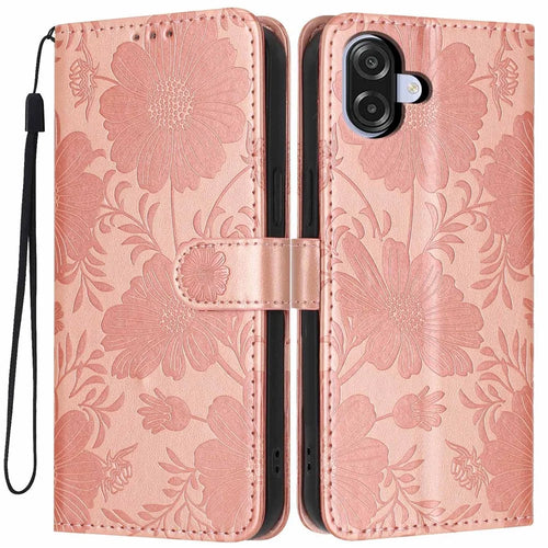 For Samsung Galaxy A08 5G / A08 4G / A07 4G Wallet Case Imprint Floral PU Leather Stand Flip Phone Cover with Wrist Strap - Rose Gold - 1