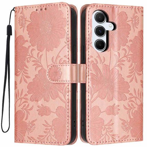 For Samsung Galaxy A25 5G (Global) (161mm) Wallet Case Imprint Floral PU Leather Stand Flip Phone Cover with Wrist Strap - Rose Gold - 1