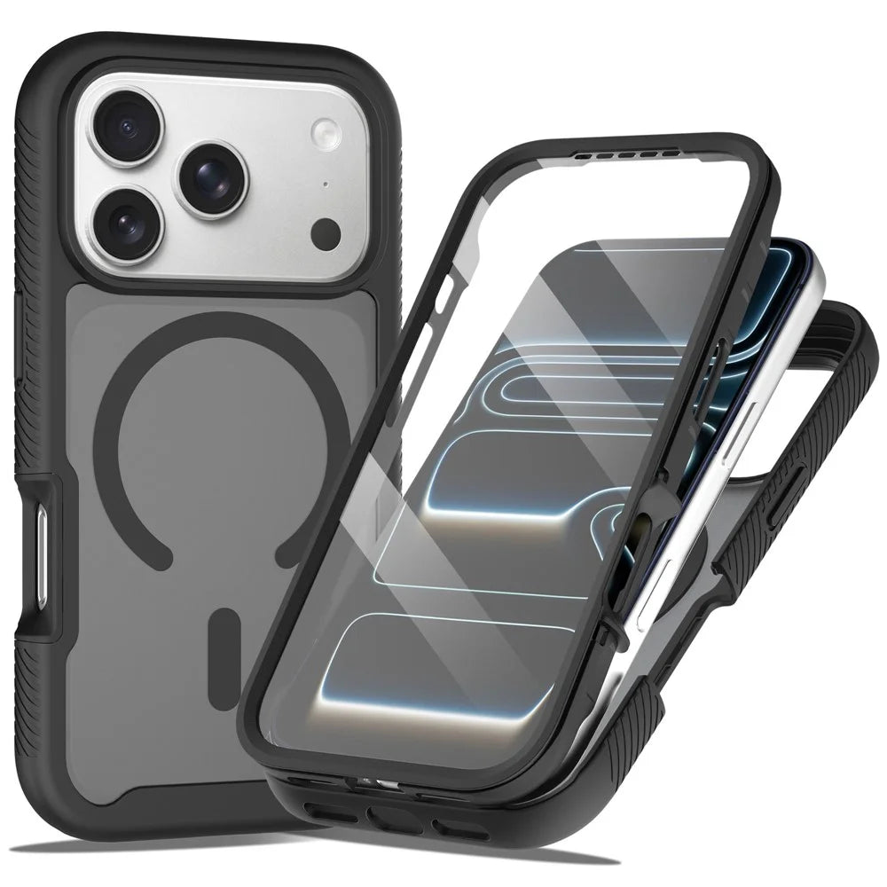 For iPhone 18 Pro / 17 Pro Magnetic Phone Case 3 in 1 Translucent Skin Touch PC TPU Back Cover with PET Screen Film - Black - 1