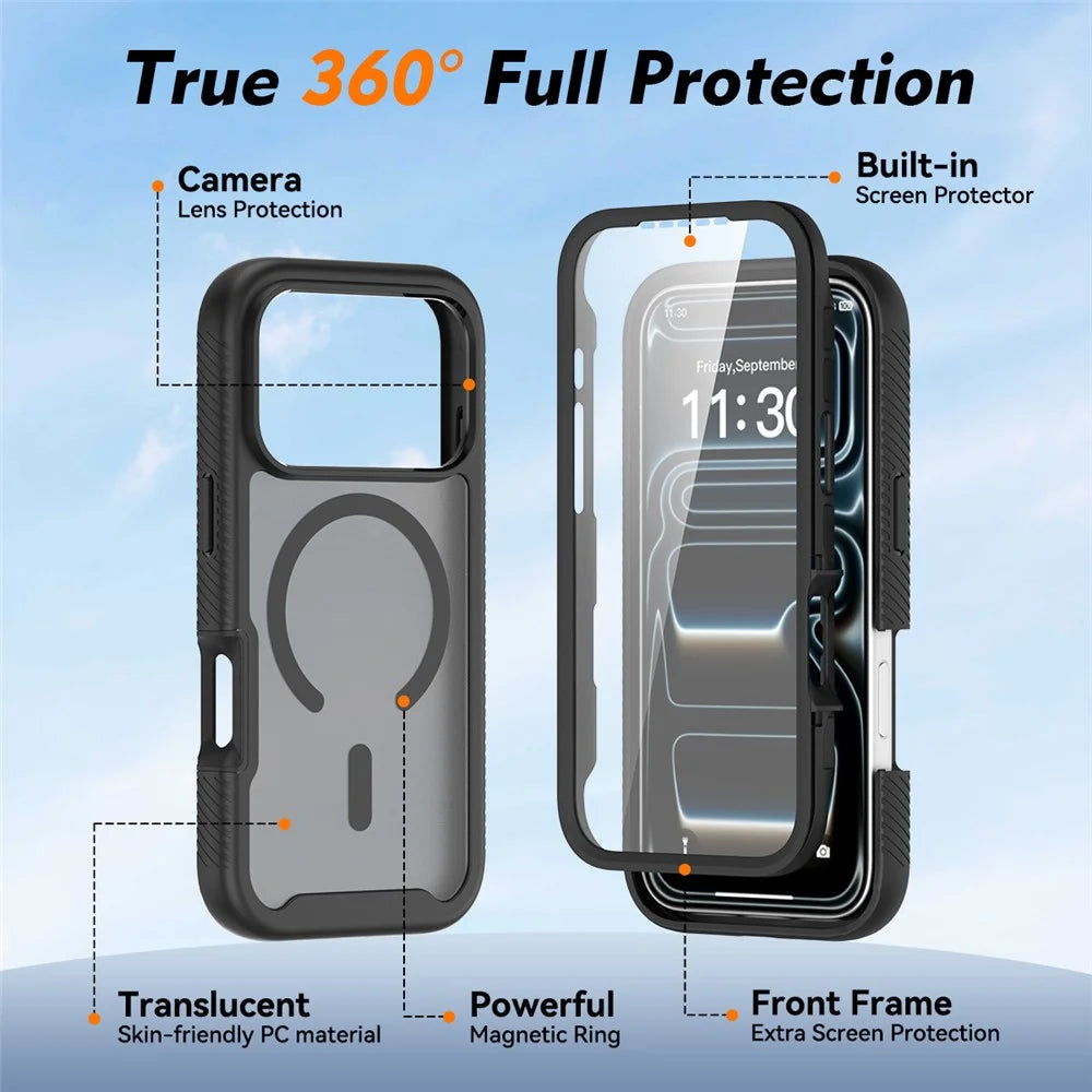 For iPhone 18 Pro / 17 Pro Magnetic Phone Case 3 in 1 Translucent Skin Touch PC TPU Back Cover with PET Screen Film - Black - 4