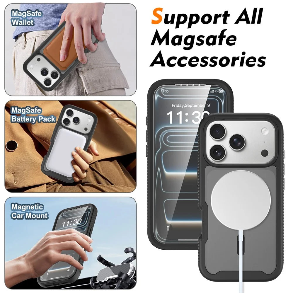 For iPhone 18 Pro / 17 Pro Magnetic Phone Case 3 in 1 Translucent Skin Touch PC TPU Back Cover with PET Screen Film - Black - 6