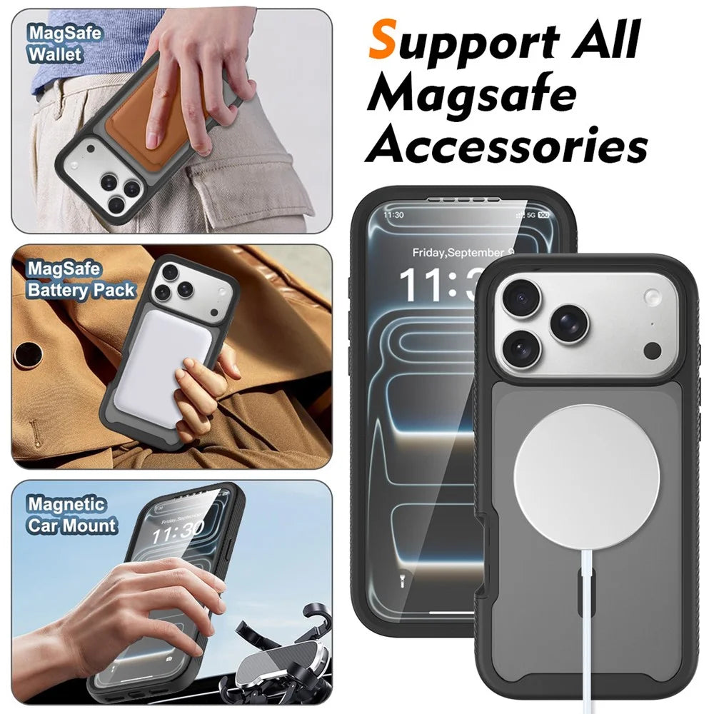 For iPhone 18 Pro Max / 17 Pro Max Magnetic Phone Case 3 in 1 Translucent Skin Touch PC TPU Back Cover with PET Screen Film - Black - 6