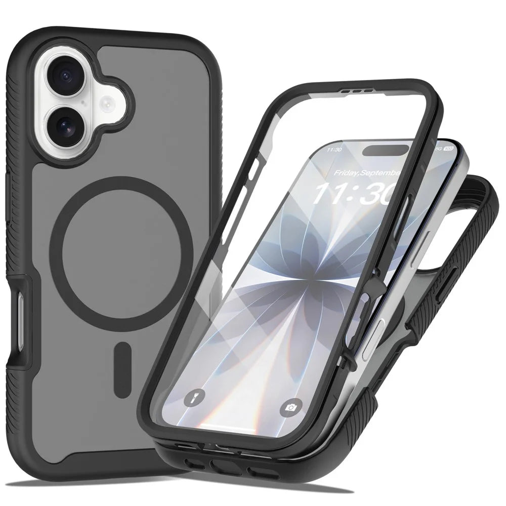 For iPhone 17 Magnetic Phone Case 3 in 1 Translucent Skin Touch PC TPU Back Cover with PET Screen Film - Black - 1