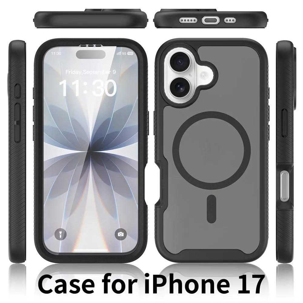 For iPhone 17 Magnetic Phone Case 3 in 1 Translucent Skin Touch PC TPU Back Cover with PET Screen Film - Black - 7