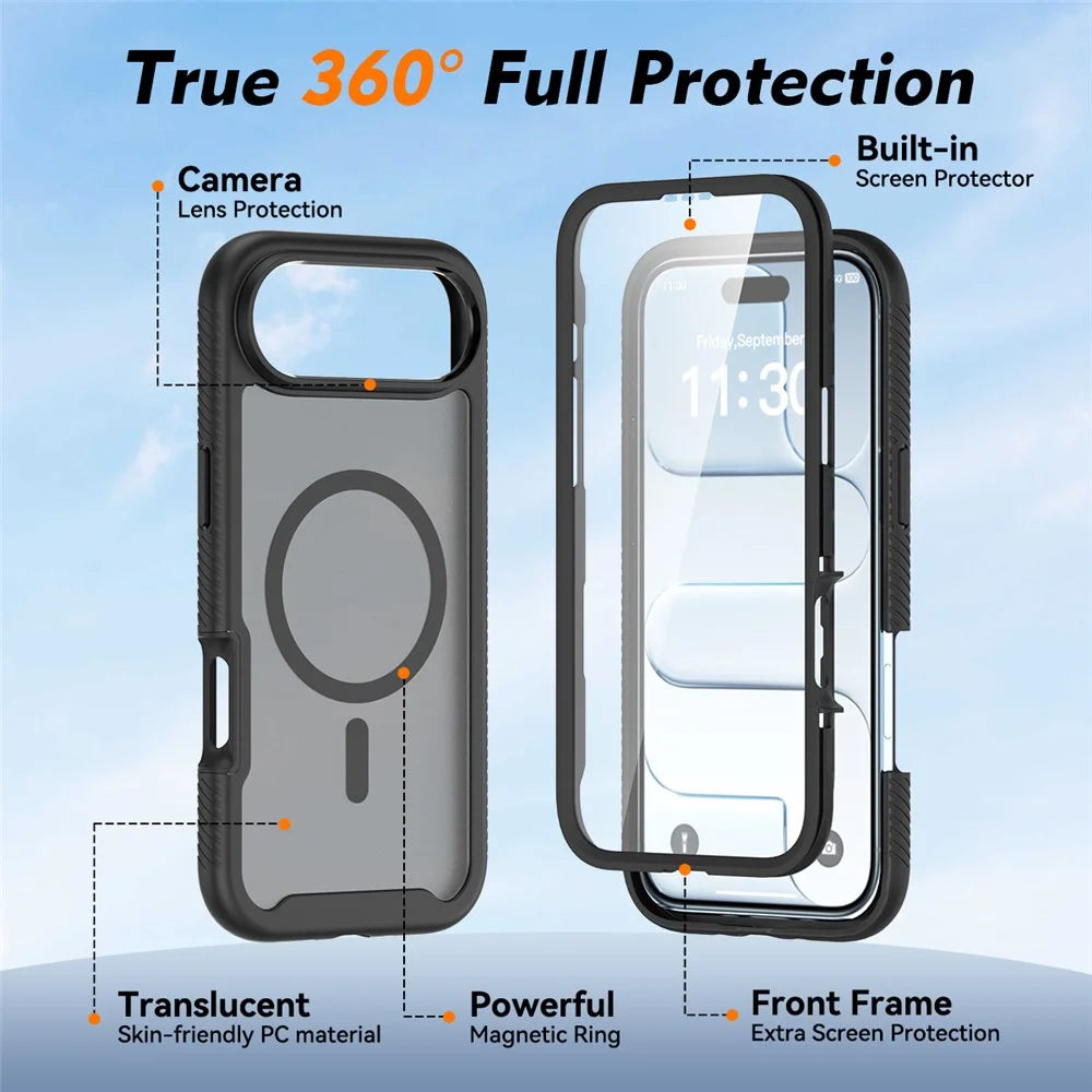 For iPhone Air Magnetic Phone Case 3 in 1 Translucent Skin Touch PC TPU Back Cover with PET Screen Film - Black - 4