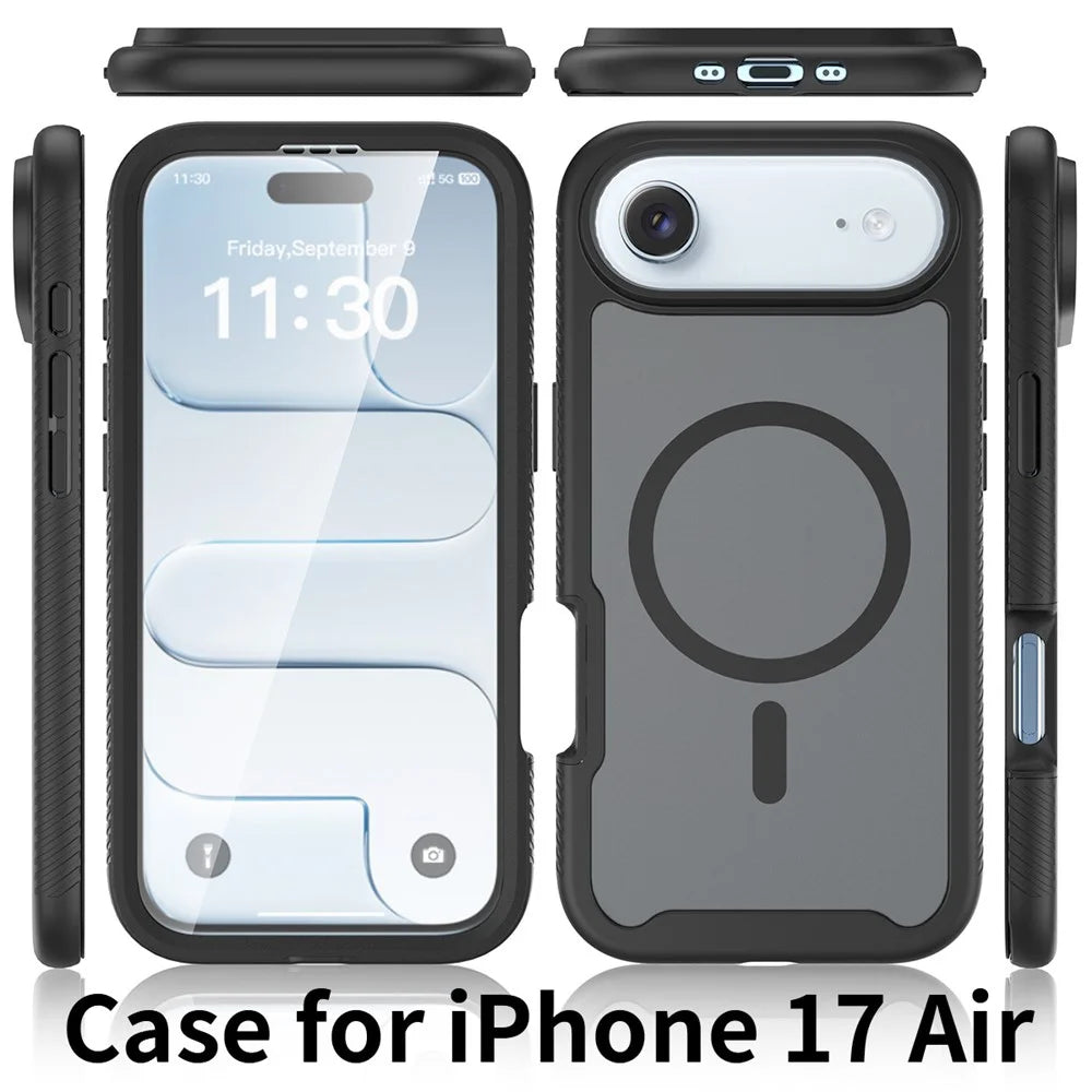 For iPhone Air Magnetic Phone Case 3 in 1 Translucent Skin Touch PC TPU Back Cover with PET Screen Film - Black - 7