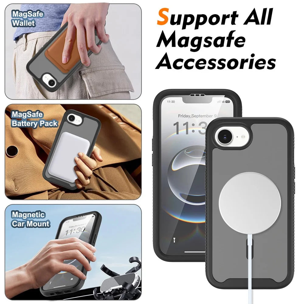 Magnetic Phone Case for iPhone 17e  /  16e 3 in 1 Translucent Skin Touch PC TPU Back Cover with PET Screen Film - Black - 6