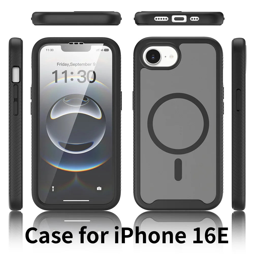 Magnetic Phone Case for iPhone 17e  /  16e 3 in 1 Translucent Skin Touch PC TPU Back Cover with PET Screen Film - Black - 7